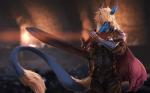 anthro blonde_hair blue_body blue_eyes blue_fur blurred_background clothed clothing detailed_background fur hair holding_melee_weapon holding_object holding_sword holding_weapon male melee_weapon solo sword tail weapon fruitbloodmilkshake dark_souls fromsoftware julian_(fluffserg) sergal 16:10 absurd_res hi_res widescreen