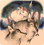 feral group melee_weapon polearm spear weapon ichthy0stega ghibli princess_mononoke usagi_is_justice canid canine canis lagomorph leporid mammal rabbit wolf 2016 crossover