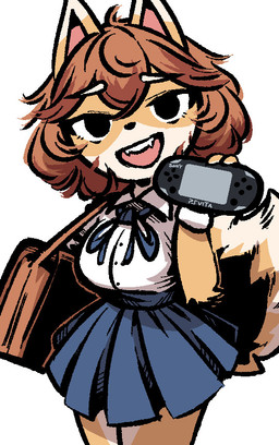 anthro bottomwear breasts brown_hair clothing collared_shirt countershading dipstick_ears ear_markings electronics eyebrows female fluffy fluffy_tail game_console hair handheld_console messenger_bag multicolored_ears neck_ribbon pleated_skirt shirt skirt solo tail topwear anonymous_artist playstation playstation_vita sony_corporation sony_interactive_entertainment bully_fox canid canine fox mammal