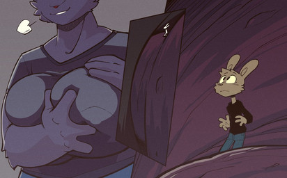 3_panel_comic 4_fingers anthro big_breasts black_body black_clothing black_fur black_shirt black_topwear blue_bottomwear blue_clothing blue_pants bottomwear breasts breath close-up clothing dominant dominant_female duo erect_nipples extreme_size_difference facial_tuft female fingers fur hand_on_breast huge_breasts long_ears male male/female micro nipple_outline nipples pants pink_nose red_nipples shirt size_difference smile snout tan_body tan_fur topwear trapped tuft worried ducky_(artist) lagomorph leporid mammal rabbit 2022 cel_shading colored comic digital_drawing_(artwork) digital_media_(artwork) shaded