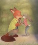 absurd_res anthro big_ears bubble-hoops canid canine clothed clothing crouching detailed_background disney duo eyes_closed female fox fully_clothed green_background hi_res judy_hopps kissing lagomorph leporid male mammal nick_wilde outside rabbit red_fox simple_background standing true_fox zootopia