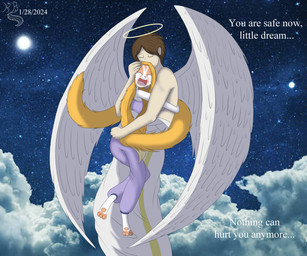 anthro blonde_hair bodily_fluids brown_hair clothed clothing crying duo feathered_wings feathers female fur hair halo hug male open_mouth pawpads pink_pawpads tears text topwear tube_top white_body white_fur wings kanrod_stavoyan dreamkeepers jeneviv_(dreamkeepers) ailurid angel mammal red_panda 2024 english_text hi_res