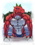 abs anthro claws clothing male muscular nipples outside sky solo swimming_pool swimwear water wet iudicium86 bandai_namco digimon digimon_(species) dinosaur prehistoric_species reptile scalie theropod tyrannomon tyrannosaurid tyrannosauroid tyrannosaurus tyrannosaurus_rex hi_res