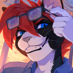 anthro black_body black_fur blue_eyes clothed clothing eyewear fangs front_view fur glasses glistening glistening_eyes grin hair looking_at_viewer male rectangular_glasses red_hair short_hair smile solo teeth whiskers white_body white_fur corzh77 felid mammal 1:1 bust_portrait hi_res portrait