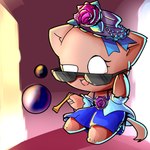 blue_outfit brown_body chibi clothing dress eyewear female flower hat headgear headwear plant self_insert solo sunglasses white_eyes decadentsteve jubbi lily_(jubbimafu) felid feline mammal 1:1 hi_res