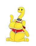 anthro big_breasts black_eyes breasts clothed clothing female generation_2_pokemon huge_breasts nintendo pokeball pokemon pokemon_(species) red_clothing shell shuckle simple_background simple_eyes smile solo thick_thighs urusee584 white_background yellow_body zipper