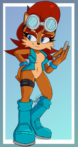 anthro black_nose blue_eyes boots bottomless breasts brown_body brown_fur clothed clothing eyelashes eyewear eyewear_on_head featureless_breasts featureless_crotch female footwear fur goggles goggles_on_head hair navel open_clothing open_topwear open_vest red_hair shoes solo topwear vest maximuseditor sega sonic_the_hedgehog_(series) sally_acorn chipmunk ground_squirrel mammal rodent sciurid hi_res