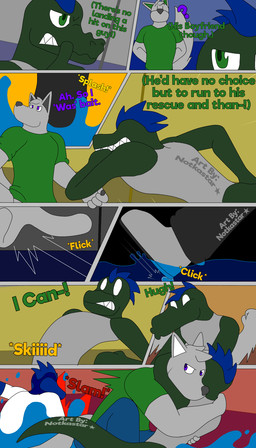 anthro bottomwear clothing dialogue duo fight group inside male pants shirt solo text topwear water conditional_dnp notkastar zatch_(notkastar) canid canine canis lizard mammal reptile scalie wolf 4:7 animated animated_comic comic english_text hi_res high_framerate