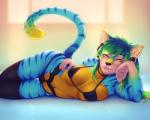 5_fingers anthro anthrofied bedroom_eyes bikini bite biting_lip black_nose blue_body blue_stripes clothing ear_piercing ear_ring eyebrows eyelashes fangs female fingers green_hair hair looking_at_viewer lying midriff multicolored_body narrowed_eyes navel on_side piercing ring_piercing sabertooth_(anatomy) seductive smile solo stripes swimwear teeth two-piece_swimsuit yellow_body yellow_eyes monian june_(qckslvrslash) ara_(genus) avian bird blue-and-yellow_macaw domestic_cat felid feline felis hybrid macaw macawnivore mammal neotropical_parrot parrot prehistoric_species saber-toothed_tiger true_parrot absurd_res hi_res