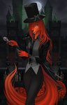 anthro black_nose blue_eyes castle clock clothed clothing curtains detailed_background female fingers fully_clothed fur hair hat headgear headwear holidays jacket long_hair long_legs long_tail moon necktie night orange_body orange_fur orange_tail shirt smile solo suit tail top_hat topwear amarihel halloween tfs_amarihel_(character) canid canine fox mammal murid murine rat red_fox rodent true_fox digital_media_(artwork) hi_res