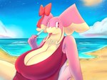 accessory anthro beach big_breasts bow_(feature) bow_accessory bow_ribbon breasts cleavage clothed clothing female food hair_accessory hair_bow hair_ribbon huge_breasts hyper one-piece_swimsuit popsicle ribbons sea_salt_ice_cream seaside slightly_chubby solo swimwear thick_thighs goopyarts nintendo pokemon raina_(goopyarts) audino generation_5_pokemon pokemon_(species) 4:3 digital_media_(artwork)