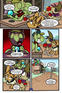 5_panel_comic ambiguous_gender anthro apple bandage biped black_cape black_clothing black_nose black_text brown_body brown_fur brown_hair cape clenched_teeth clothing day dialogue directional_arrow dot_pupils exclamation_point eye_patch eyebrows eyelashes eyewear fence feral fluffy fluffy_tail food fruit fur green_body group hair hat headgear headwear holding_apple holding_food holding_fruit holding_object holding_orb looking_at_another looking_back merchant mouth_closed neck_tuft one_eye_obstructed open_mouth open_smile orb outside page_number paws plant pupils purple_eyes purple_scarf quadruped question_mark scarf sharp_teeth sign smile sound_effects sparkles speech_bubble standing tail talking_to_another teeth text tongue toony translucent translucent_hair trio tuft tusks white_sclera white_text virmir nintendo pokemon pokemon_mystery_dungeon spike_chunsoft virmir_(character) zinc_(zincxiron) axew eevee generation_1_pokemon generation_3_pokemon generation_5_pokemon kecleon pokemon_(species) 2026 2:3 absurd_res comic english_text hi_res signature male_(lore)