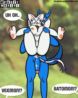 3_toes after_sex anthro anus big_breasts big_penis blue_body blue_scales blue_skin bodily_fluids breasts butt caught_in_the_act cum dialogue duo exclamation_point feet female flaccid front_view fur genital_fluids genitals hindpaw humanoid_genitalia humanoid_penis interrobang interspecies legs_up male male/female nipples nude offscreen_character outside paws penis question_mark red_eyes reverse_stand_and_carry_position scales sex shocked spread_legs spreading standing standing_sex surprised tail text toes vulva white_body white_fur wide_eyed mcpartyworld bandai_namco digimon mythology digimon_(species) dragon felid gatomon mammal mythological_creature mythological_scalie scalie veemon english_text