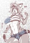 abs abstract_background american_flag anthro athletic athletic_anthro athletic_female big_breasts bottomwear breasts clothed clothing denim denim_clothing eyes_closed female fur glistening hotpants inner_ear_fluff midriff musical_note musical_symbol navel nipple_outline open_mouth open_smile shirt shorts singing skimpy smile solo standing striped_body striped_fur stripes symbol tank_top tight_bottomwear tight_clothing tight_topwear topwear tuft under_boob united_states_of_america whiskers amakuchi felid mammal pantherine tiger 2015 hi_res