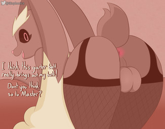 anthro anus ass_up backsack balls bed bent_over big_butt black_clothing black_eyes brown_body butt butt_focus clothed clothing crossdressing dialogue femboy furniture garter_belt garter_straps genitals legwear lingerie looking_at_viewer looking_back looking_back_at_viewer male master presenting presenting_hindquarters raised_tail rear_view solo speech_bubble stockings tail talking_to_viewer text euphorica nintendo pokemon generation_4_pokemon lopunny pokemon_(species) english_text hi_res
