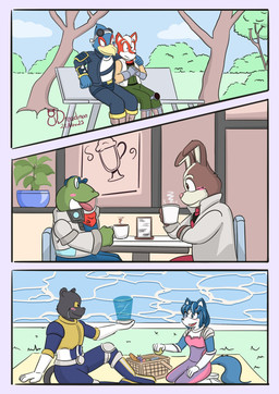 anthro athletic athletic_male beverage blush blush_lines chair date female furniture group lake male male/female male/male park plant restaurant shrub sitting table tree dreadmon_(user) nintendo star_fox falco_lombardi fox_mccloud krystal_(star_fox) panther_caroso peppy_hare slippy_toad amphibian avian bird canid canine felid feline fox frog galliform hare lagomorph leporid mammal pantherine phasianid pheasant rabbit 2025 comic hi_res