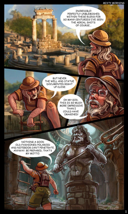 armor backpack beard bottomwear clothing explorer eyewear facial_hair glasses hair headgear helmet human_only imminent_transformation long_hair male mature_male not_furry nude pith_helmet sculpture shorts solo speech_bubble statue text white_hair misty_morning european_mythology greek_mythology mythology poseidon human mammal absurd_res comic english_text hi_res