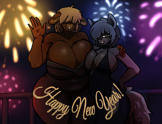 anthro big_breasts black_lips blonde_hair blue_clothing blue_dress breast_squish breasts brown_body brown_eyes brown_fur brown_lips cleavage clothed clothing dress duo female fireworks fur grey_body grey_fur hair hand_on_hip hand_on_shoulder holidays huge_breasts lips looking_at_viewer multicolored_body multicolored_fur night outside red_clothing red_dress smile sparkles sparkling_clothing sparkling_dress squish strapless_clothing strapless_dress tail wave dugdog new_year marissa_(dugdog) rileigh_(dugdog) bovid bovine cattle mammal procyonid raccoon digital_media_(artwork)
