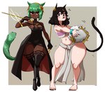 breasts cleavage clothed clothing cosplay dark_body dark_skin duo female green_hair hair legwear thick_thighs thigh_highs nuclearwasabi dreamworks final_fantasy final_fantasy_xiv spy_x_family square_enix the_road_to_el_dorado chel dodo_(nuclearwasabi) yor_forger animal_humanoid avian bird cat_humanoid columbid dodo felid felid_humanoid feline feline_humanoid humanoid mammal mammal_humanoid miqo'te recently_extinct_species 2022 absurd_res hi_res