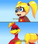 blonde_hair blue_eyes dialogue duo feathers female female/female green_eyes hair red_body red_feathers simple_background text skelly_doll banjo-kazooie rareware kazooie tooty avian bear breegull mammal comic english_text hi_res