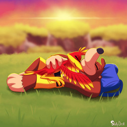 backpack belt black_nose bottomwear brown_body brown_fur clothing cuddling duo eyelashes eyes_closed feathers female fur grass hand_behind_head hand_on_back hug lying male open_mouth outside plant red_body red_feathers romantic romantic_ambiance shorts sleeping sun tree skelly_doll banjo-kazooie rareware banjo_(banjo-kazooie) kazooie avian bear breegull mammal 2020 hi_res signature