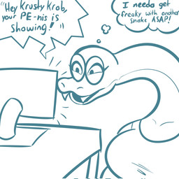 anthro big_breasts breasts clothed clothed_anthro clothed_female clothing computer_monitor desk eyewear fangs female female_anthro front_view furniture glasses humor looking_at_computer looking_at_object non-mammal_breasts open_mouth round_glasses shirt simple_background solo table teeth text thought_bubble topwear wearing_glasses white_background squeezysquisher youtube youtube_poop gia_(squeezysquisher) reptile scalie snake 1:1 2025 digital_drawing_(artwork) digital_media_(artwork) english_description english_text hi_res monochrome sketch