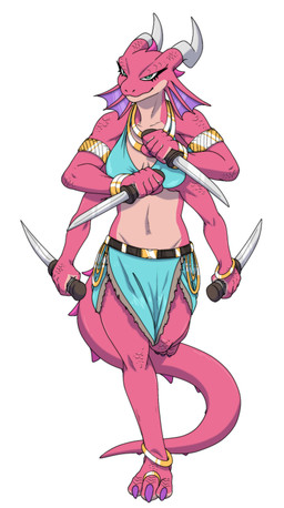 3_toes 4_arms anklet anthro armlet barefoot bracelet countershading crotch_lines digit_ring eyelashes feet female gold_(metal) gold_jewelry horn jewelry knife long_eyelashes melee_weapon multi_arm multi_limb necklace pink_body pink_scales ring scales simple_background solo tail toe_ring toes weapon zimakum lizard reptile scalie absurd_res digital_drawing_(artwork) digital_media_(artwork) hi_res