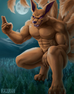 abs anthro biceps claws forest light macro male moon moonlight muscular orange_body pecs plant solo tree kaijurah naruto kurama canid canine fox fox_spirit mammal hi_res