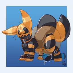 ambiguous_gender bdsm bdsm_gear black_latex bodily_fluids bodysuit border bound chastity_bulge chastity_device clean_diaper clothed clothing collar cuff_(restraint) diaper feral flying_sweatdrops gradient_background inflatable inflatable_diaper latex latex_bodysuit latex_clothing latex_skinsuit lock_bulge lock_symbol null_bulge orange_latex pattern_clothing permanent_smile restraints sex_toy simple_background skinsuit solo striped_clothing stripes sweat sweatdrop tail tight_clothing translucent translucent_clothing translucent_diaper vibrator wand_vibrator wearing_chastity_device wearing_diaper white_border shinywark nintendo pokemon eeveelution generation_2_pokemon pokemon_(species) umbreon 1:1 full-length_portrait hi_res portrait signature