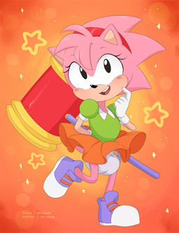 anthro black_eyes bottomwear clean_diaper clothed clothing diaper facial_markings female footwear fur gloves green_clothing green_shirt green_topwear hammer handwear head_markings high_top_shoes markings muzzle_(marking) orange_background orange_bottomwear orange_clothing orange_skirt pink_body pink_fur pointy_ears purple_clothing purple_footwear purple_shoes shirt shoelaces shoes simple_background skirt solo star tools topwear wearing_diaper merunyaa sega sonic_the_hedgehog_(series) amy_rose eulipotyphlan hedgehog mammal hi_res