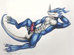 anthro balls countershading erection genitals lying male nude on_back penis presenting simple_background smile solo superagro bandai_namco digimon digimon_(species) exveemon reptile scalie 2021 colored_pencil_(artwork) traditional_media_(artwork)