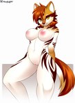 anthro big_breasts breasts female fur hair looking_at_viewer nipples orange_body orange_fur orange_hair red_body red_fur sitting smile stripes white_body white_fur yellow_eyes moonfluffmf nachtine_(nachtschatten64) canid canine canis mammal wolf hi_res