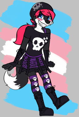 anthro black_boots black_clothing black_footwear black_shirt black_topwear blue_eyes blush bodily_fluids boots bottomwear breasts clothing female fingerless_gloves footwear front_view gloves hair handwear legwear lgbt_pride on_one_leg pattern_clothing pattern_legwear pattern_stockings ponytail pride_colors red_hair shirt shoes skirt smile solo standing stockings striped_clothing striped_legwear striped_stockings stripes tail tears topwear transgender_pride_colors kite512 kite_(kite512) canid canine fox mammal 2026 hi_res trans_(lore) trans_woman_(lore)