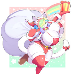 anthro bell bell_collar belt belt_buckle big_breasts boots bottomwear bow_(feature) breasts buckle bulge christmas_clothing christmas_headwear clothing collar costume footwear fur gift gynomorph hair hair_over_eye handwear hat headgear headwear holidays huge_breasts intersex legwear mittens multicolored_hair one_leg_up rainbow rainbow_hair raised_leg red_bikini_top red_bottomwear red_clothing red_handwear red_legwear red_mittens red_shorts red_thigh_highs sack santa_costume santa_hat shoes shorts smiley_face solo thigh_highs white_body white_fur wide_hipped_anthro wide_hipped_gynomorph wide_hips theycallhimcake christmas finley_(theycallhimcake) domestic_cat felid feline felis mammal 2024 absurd_res digital_drawing_(artwork) digital_media_(artwork) english_description hi_res portrait busty_boy_(lore) male_(lore)