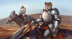 anthro armor brown_body brown_fur clothed clothing day detailed_background fur green_eyes group male outside sky alectorfencer cougar felid feline mammal 2020 digital_media_(artwork) hi_res