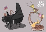 bow_tie brass_instrument clothing eyes_closed eyewear keyboard_instrument musical_instrument piano shirt sitting solo sunglasses topwear trumpet wind_instrument chibetto dreamworks the_bad_guys mr._snake_(the_bad_guys) reptile scalie snake absurd_res concept_art hi_res official_art