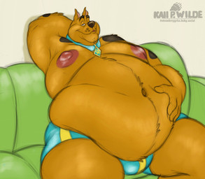 anthro areola belly big_belly clothing collar collar_tag fur furniture half-closed_eyes hand_behind_head hand_on_belly leaning leaning_backward looking_at_viewer male markings moobs morbidly_obese morbidly_obese_anthro morbidly_obese_male narrowed_eyes navel nipples obese obese_anthro obese_male on_sofa overweight overweight_anthro overweight_male sitting sitting_on_sofa sofa solo spots spotted_body spotted_fur underwear husky2paws hanna-barbera scooby-doo_(series) scooby-doo canid canine canis domestic_dog great_dane mammal mastiff molosser 2025 hi_res signature