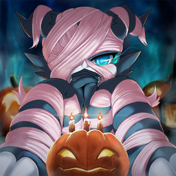 ambiguous_gender anthro blue_eyes candle claws detailed_background finger_claws fingers fire food front_view fruit holidays lit_candle looking_at_viewer mummy_costume mummy_wrappings one_eye_obstructed plant pumpkin sitting solo rusho bandai_namco digimon halloween digimon_(species) veemon 1:1 2022