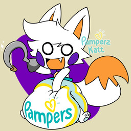 anthro branded clothed clothing diaper female fur hook hook_hand logo_on_clothing multicolored_body multicolored_fur multicolored_tail open_mouth open_smile simple_background sitting smile solo tail wearing_diaper dummydumbcat pampers lolbit_(frickbear's) canid canine fox mammal hi_res watermark