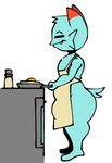anthro appliance apron apron_only belly blue_body blue_fur bulge cheek_tuft clothing cooking cookware egg eyes_always_closed eyes_closed facial_tuft frying_pan fur handwear kitchen_appliance kitchen_utensils male mitten_hands mittens orange_body orange_fur oven salt simple_background solo tail thick_thighs tools tuft white_background scab_nsfw scab_(character) hi_res