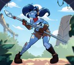 action_pose anthro arm_markings bandage bandaged_leg belt bent_legs blue_body blue_eyes blue_hair blue_skin boots bottomwear breast_markings breasts cheek_markings chest_wraps cleavage clothed clothing detailed_background eyewear eyewear_on_head facial_markings female footwear gem gloves goggles goggles_on_head hair handwear head_markings holding_object holding_weapon long_hair looking_away markings melee_weapon mole_(marking) mole_on_breast mole_on_shoulder mostly_nude pointy_ears polearm pose round_nose scarf shirt shoes shorts shoulder_markings solo spear splint spread_legs spreading tank_top topwear torn_clothing weapon wraps psicoyote vesta_(psicoyote) alien hi_res
