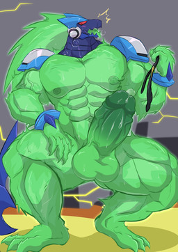 abs anthro balls barazoku big_muscles big_penis bodily_fluids cybernetics erection genital_fluids genitals glans glowing glowing_body green_body humanoid_genitalia humanoid_penis machine male muscular muscular_anthro muscular_male nipples nude pecs penis precum red_eyes solo sweat tongue tongue_out vein veiny_penis geryorias capcom mega_man_(series) mega_man_star_force omega-xis alien cyborg em_being absurd_res hi_res