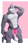 abs anthro bulge clothed clothing countershading eyewear fur holding_object holding_weapon jockstrap looking_at_viewer male muscular muscular_anthro muscular_male nipples open_mouth pecs pink_clothing pink_jockstrap pink_undergarments pink_underwear ranged_weapon simple_background smile solo underwear weapon jrjresq nintendo star_fox wolf_o'donnell canid canine canis mammal wolf 2019 2:3 absurd_res digital_media_(artwork) hi_res