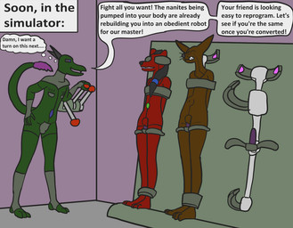 anthro bdsm bondage bound dildo dildo_in_vagina dildo_insertion female fucking_machine group machine machine_bondage male penetration rape_play reprogramming robot_transformation roleplay sex_toy sex_toy_in_vagina sex_toy_insertion text trio vaginal vaginal_penetration trinitite mythology alban_(trinitite) ina_(trinitite) tory_(trinitite) ahuizotl android badger dragon mammal mustelid musteline mythological_creature mythological_scalie robot scalie english_text