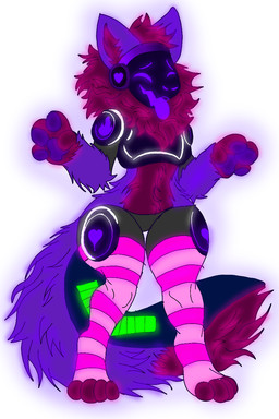 anthro clothing female footwear fur machine multicolored_tail paws pink_clothing pink_footwear pink_socks purple_body purple_fur small_waist socks solo tail wide_hips crack_pro paula_the_protogen protogen 2:3 hi_res