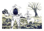 adjusting_glasses ambiguous_gender anthro axe bell bell_collar biped boots border bottomwear building cargo_pants chimney clothing collar eyewear female feral footwear glasses grass hair hill long_hair obscured_eyes pants plant quadruped rock round_glasses shoes sky smoke tree unusual_anatomy unusual_horn wearing_glasses white_border white_sky wind goblinstunts alligator alligatorid bovid caprine crocodilian domestic_cat felid feline felis mammal reptile scalie sheep hi_res