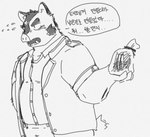 anthro blush bottomwear clothing kemono male pants shirt simple_background slightly_chubby solo text topwear white_background youzo3322 knights_college hermann_(knights_college) mammal suid suina sus_(pig) wild_boar 2023 hi_res korean_text monochrome translation_request