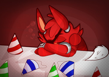 anthro bodily_fluids clothing crying drunk eye_patch eyes_closed eyewear fluffy fluffy_tail fur hat headgear headwear hook humanoid_pointy_ears machine male party party_hat pointy_ears red_body red_fur sad solo substance_intoxication tail tears white_body white_fur toy-bonnie five_nights_at_freddy's scottgames foxy_(fnaf) animatronic canid canine fox mammal robot