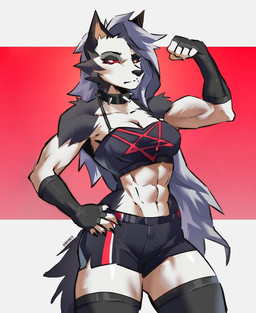 abs anthro athletic athletic_anthro athletic_female bottomwear bra breasts claws clothing collar female flexing fur hair looking_at_viewer markings red_sclera shorts simple_background solo spiked_collar spikes sports_bra underwear white_body white_eyes white_fur whymete hellaverse helluva_boss mythology loona_(helluva_boss) canid canid_demon canine demon hellhound mammal mythological_canine mythological_creature signature