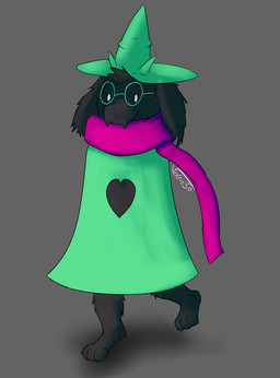 anthro black_body black_fur clothing eyewear fangs fur glasses hat headgear headwear scarf solo teeth vocrisso deltarune undertale_(series) ralsei bovid caprine darkner goat mammal 2018 digital_media_(artwork)